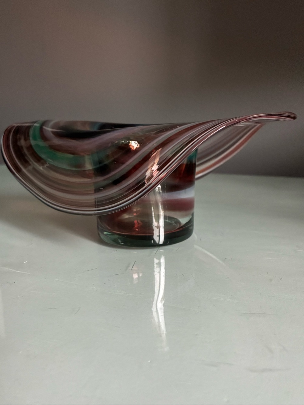 Art Glass Sculptural Cranberry Teal Swirled Candleholder
